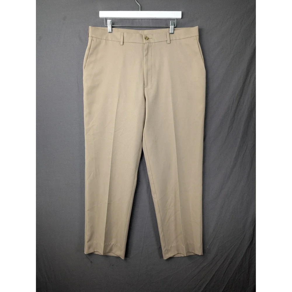 PGA Tour Mens Golf Pants 36x30 Khaki Tan Flat Front Performance Polyester 5640